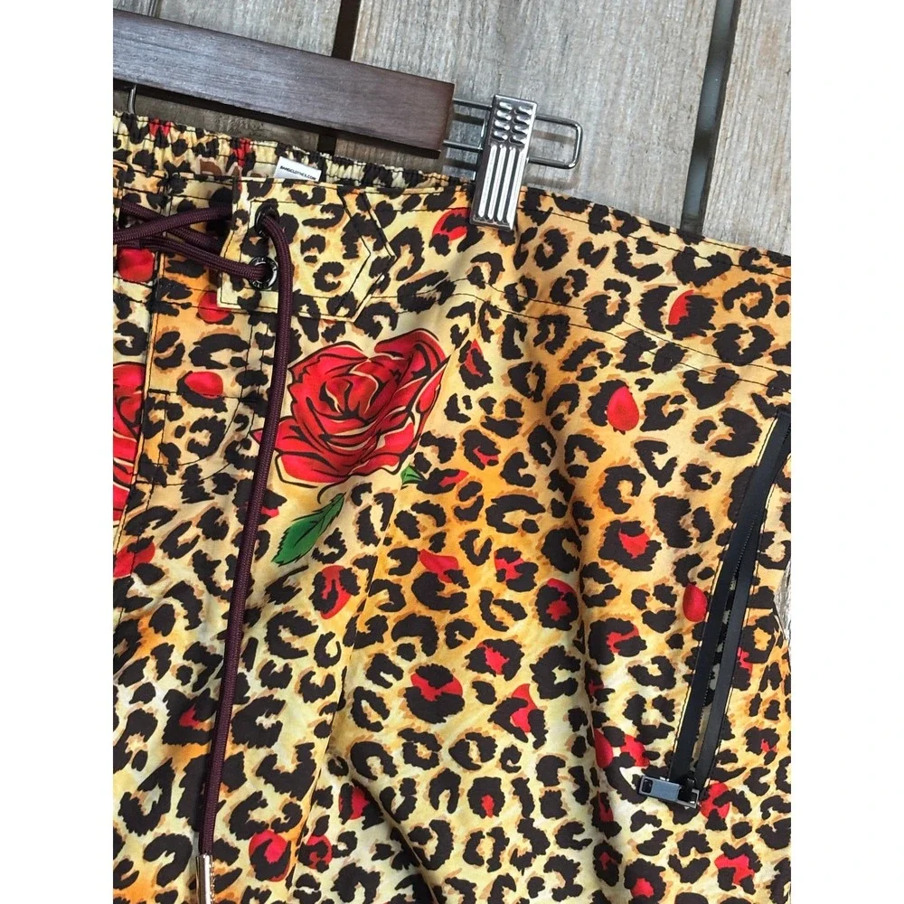 Bang! Miami Men Leopard Rose Print Swim Trunks Shorts 3XL Animal Floral Gold Red
